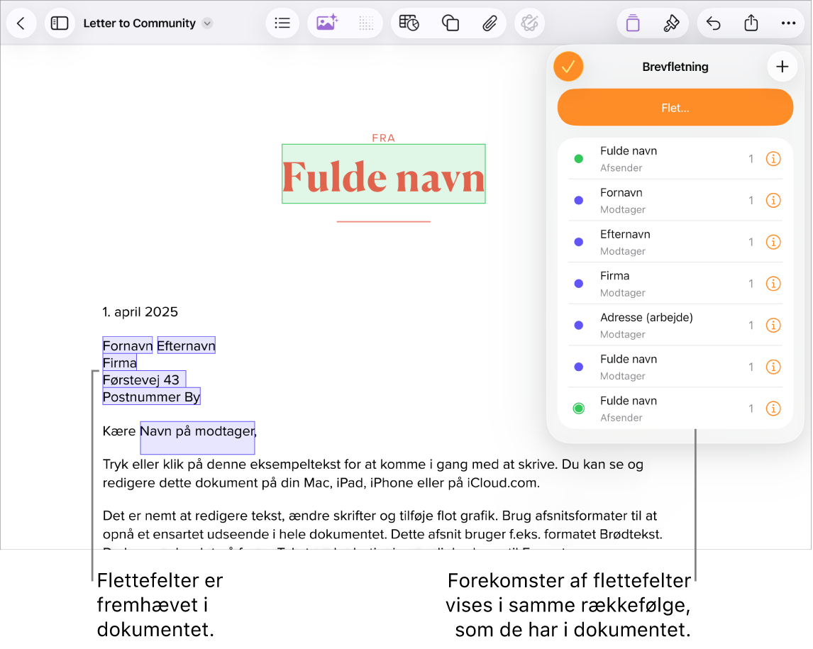 Pages-dokument med flettefelter til modtageradresse, hvor eksempelteksten, der bliver erstattet, er fremhævet. Forekomster af flettefelterne vises på menuen Brevfletning.