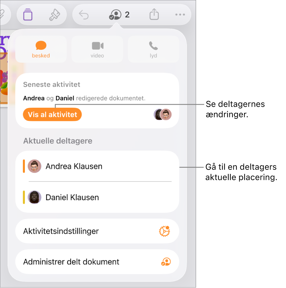 Samarbejdsmenuen, hvor aktuelle deltagere er angivet.