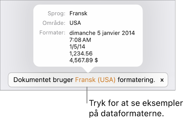 Notifikationen om de forskellige indstillinger af sprog og område, der viser eksempler på den formatering, som hører til sproget og området.