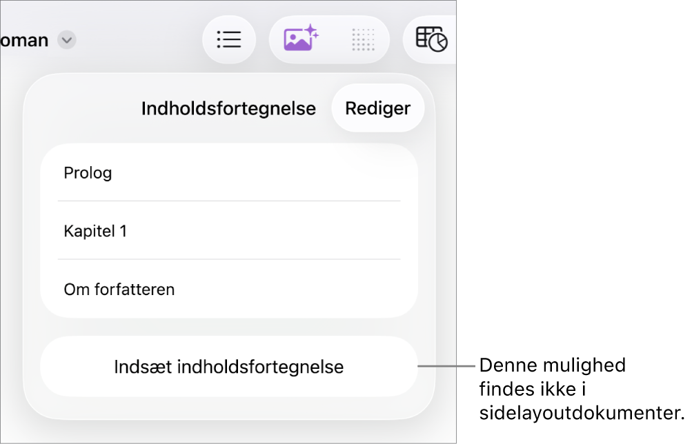 Oversigten med indholdsfortegnelsen med Rediger øverst til højre, indholdsfortegnelsens punkter og knappen Indsæt indholdsfortegnelse nederst.