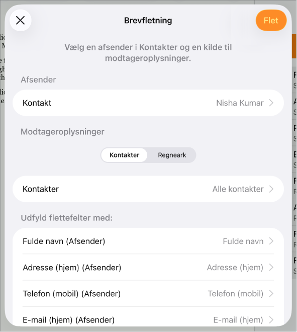 Vinduet Brevfletning er åbent. Her findes der muligheder for at vælge afsenderoplysninger, skifte kildearkiv eller kildetabel, se eksempler på flettefelters navne eller flette dokumentet.