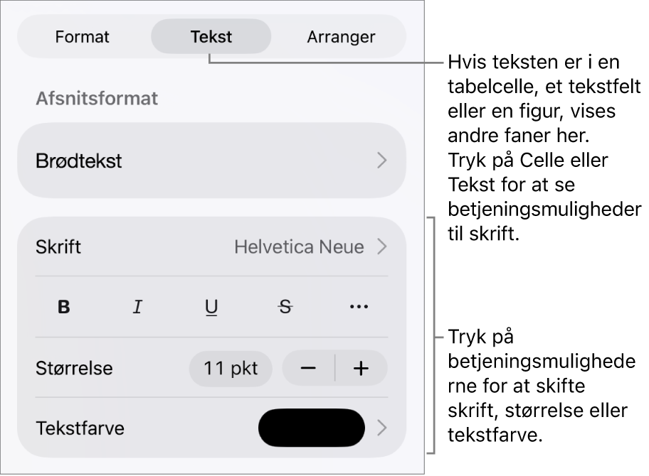 Betjeningsmuligheder til tekst på Formatmenuen til indstilling af afsnits- og tegnformater, skrift, skriftstørrelse og farve.
