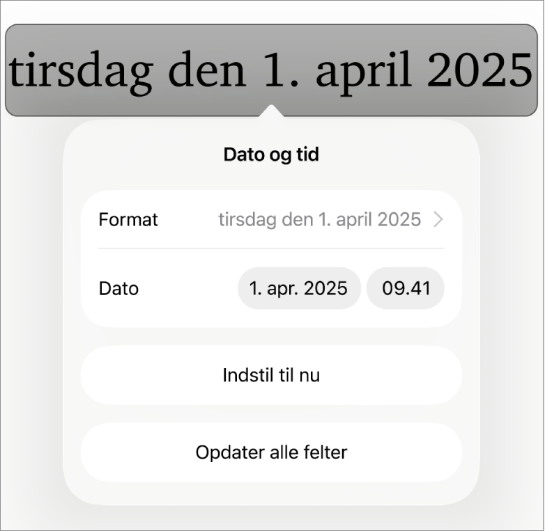Betjeningsmuligheden Dato & tid viser en lokalmenu til datoformat samt knapperne Indstil til nu og Opdater alle felter.