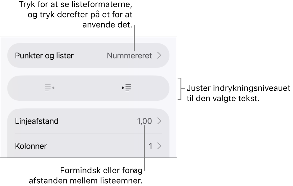 Området Punkter & lister under betjeningsmulighederne til format med billedforklaringer til Punkter & lister, knapperne Ryk ind og Ryk ud og betjeningsmulighederne til linjeafstand.