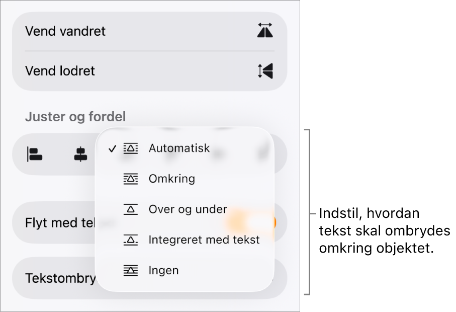 Betjeningsmulighederne til Format, hvor fanen Arranger er valgt. Herunder ses betjeningsmulighederne til Tekstombrydning med Flyt bagved/foran, Flyt med tekst og Tekstombrydning.
