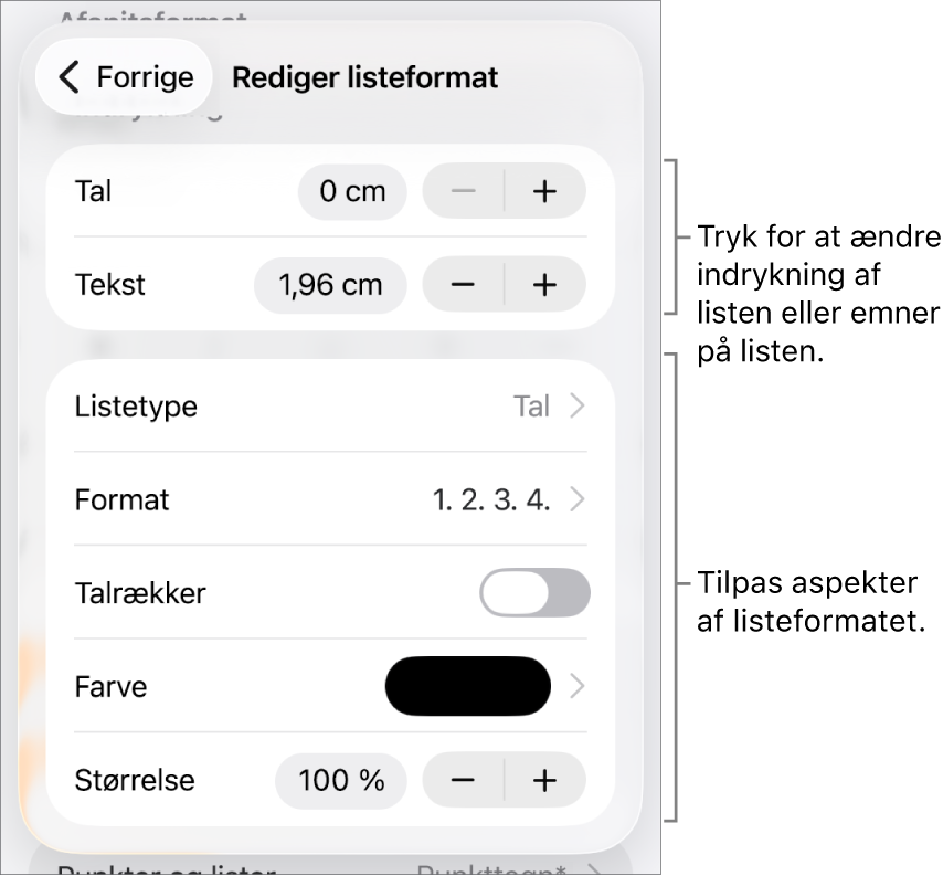 Menuen Rediger listeformat med betjeningsmuligheder til ind- og udrykning, listetype og -format, talrækker, listefarve og -størrelse og fortsat nummerering.