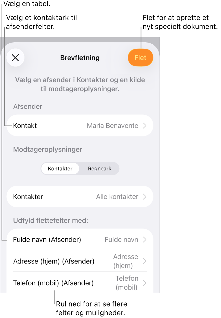 Vinduet Brevfletning er åbent. Her findes der muligheder for at vælge afsenderoplysninger, skifte kildearkiv eller kildetabel, se eksempler på flettefelters eller individuelle posters navne eller flette dokumentet.