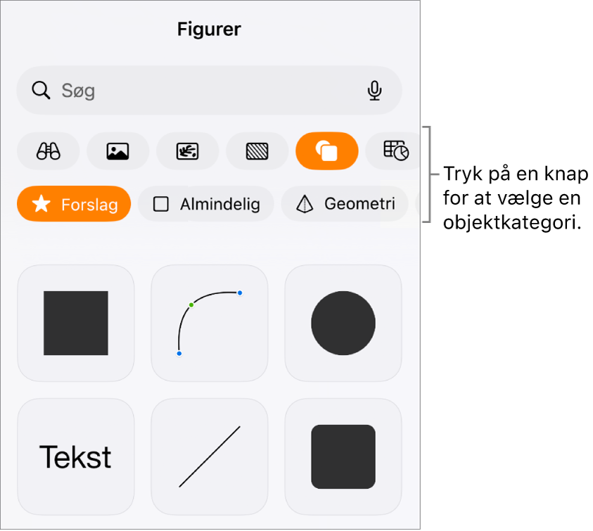 Betjeningsmulighederne til tilføjelse af et objekt med knapper øverst til valg af tabeller, diagrammer, figurer (herunder streger og tekstfelter) og medier.