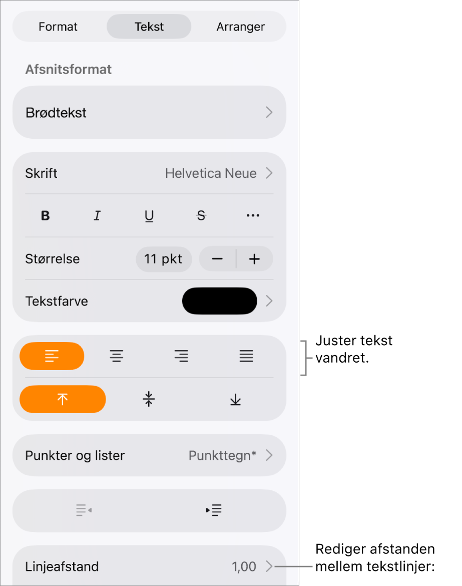 Knappen Format med fanen Tekst valgt og billedforklaringer til tekstjusteringsknapperne og menuemnet Linjeafstand.