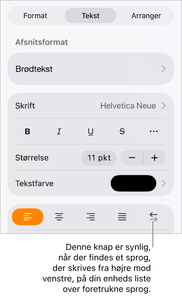 Betjeningsmuligheder til tekst på Formatmenuen med billedforklaring til knappen Højre mod venstre.