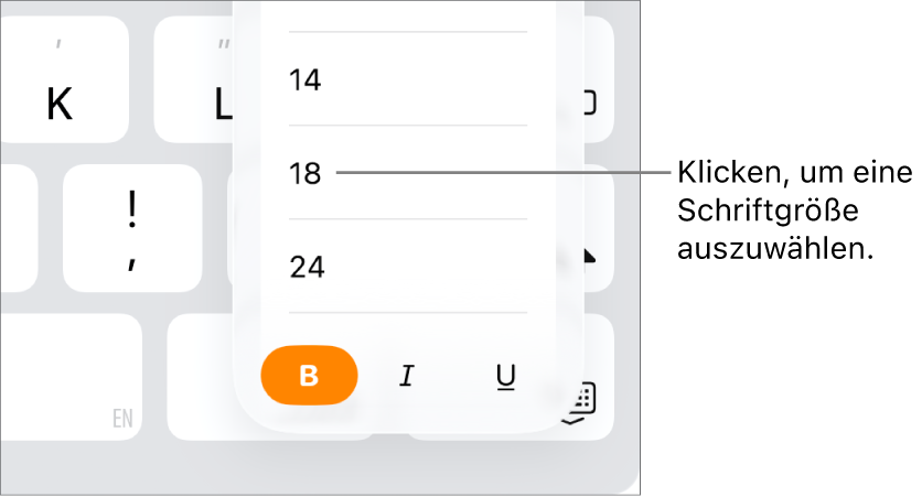 Die Taste für die Schriftgröße auf der rechten Seite der iPad-Tastatur mit dem geöffneten Einblendmenü „Schriftgröße“. Die chinesischen Standardschriftgrößen (China, Festland) werden oben im Menü angezeigt, die Punktgrößen befinden sich darunter.