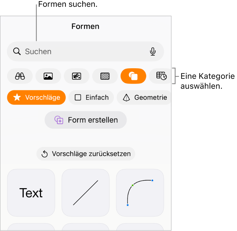 Die Formensammlung mit Kategorien oben und Formen darunter. Du kannst das oben angezeigte Feld zum Suchen verwenden, um Formen zu finden. Durch Streichen kannst du weitere Formen anzeigen.