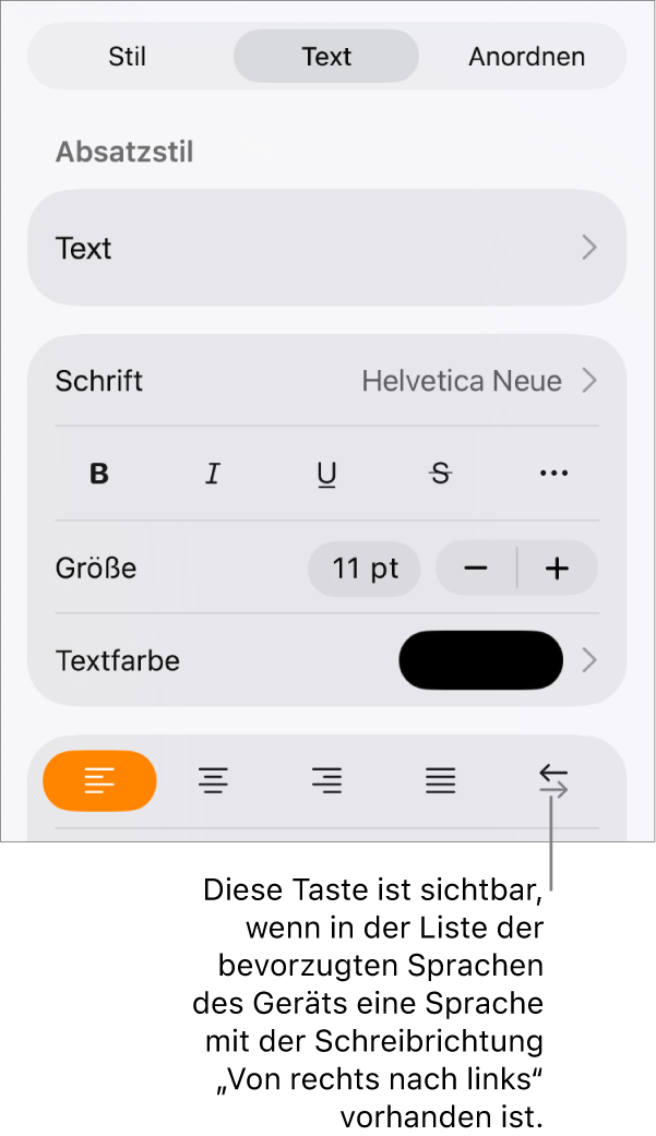 Die Textsteuerelemente im Menü „Format“ mit einer Beschreibung der Taste „Von rechts nach links“