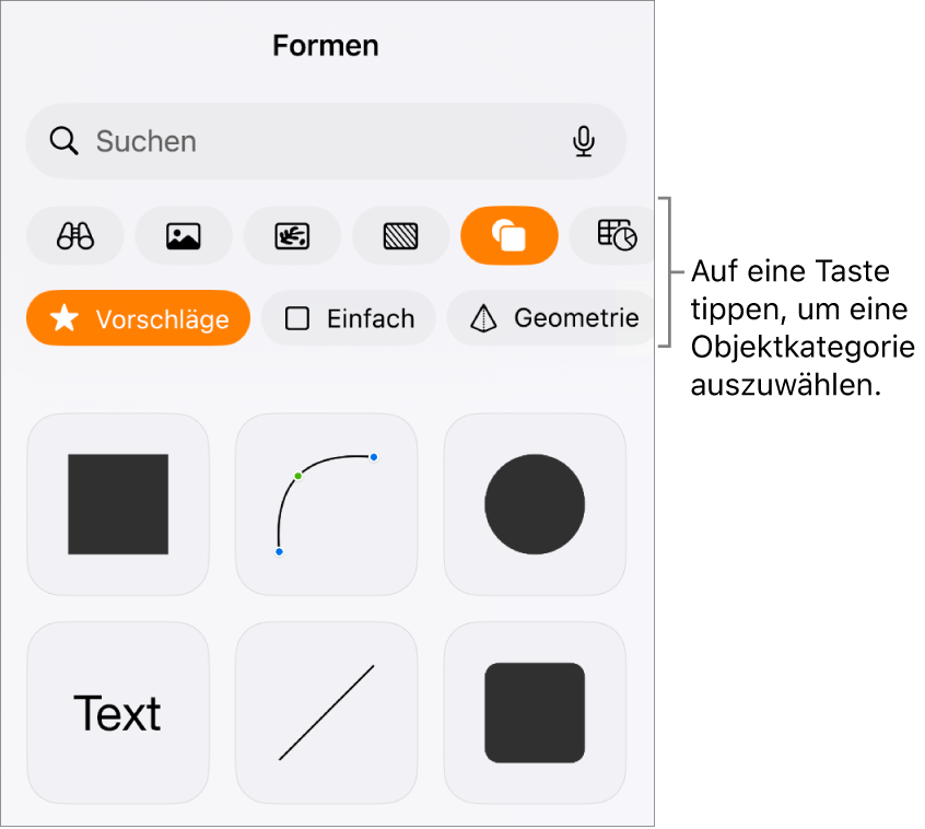 Die Steuerelemente zum Hinzufügen eines Objekts mit Tasten am oberen Rand zum Auswählen von Tabellen, Diagrammen und Formen (einschließlich Linien und Textfelder) sowie Medien
