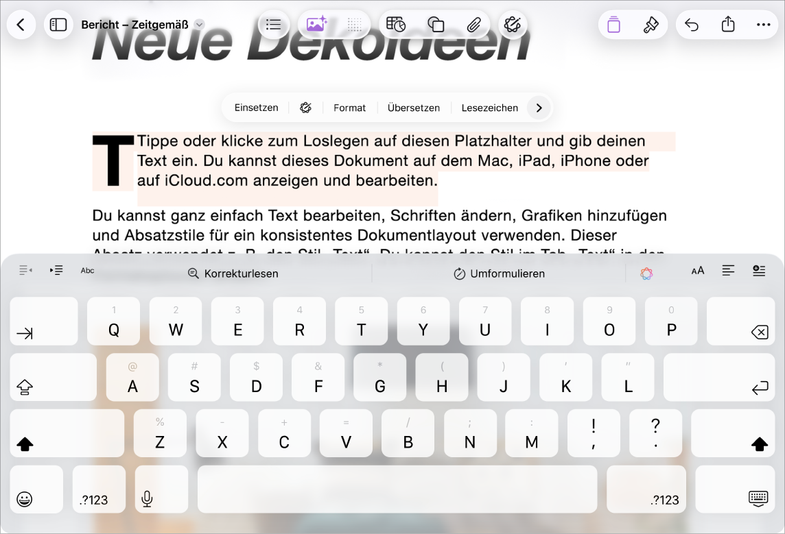 In einem geöffneten Pages-Dokument ist Platzhaltertext ausgewählt.