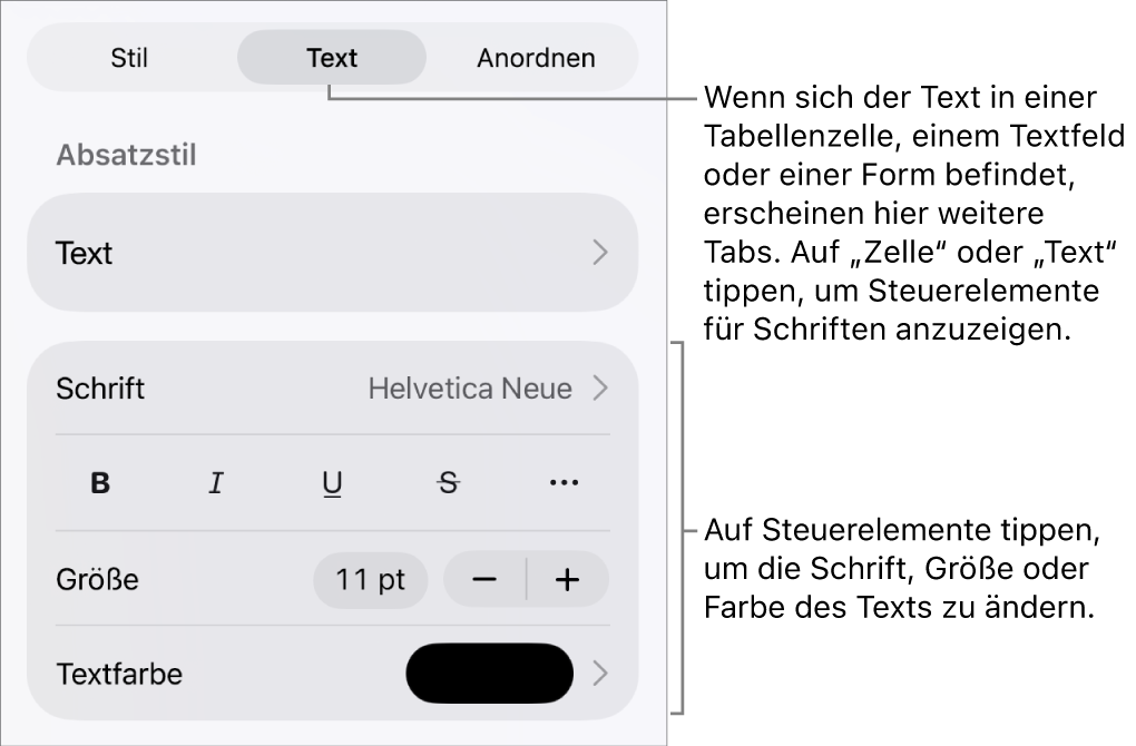 Textsteuerelemente im Menü „Format“ zum Festlegen von Absatz- und Zeichenstilen, Schrift, Größe und Farbe