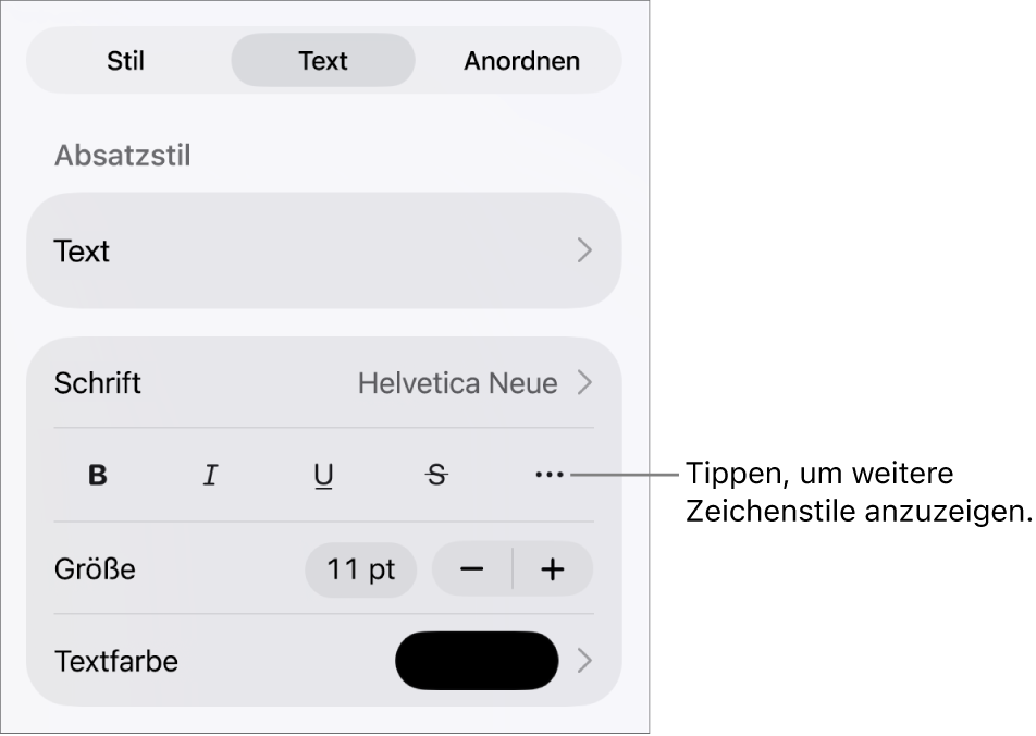 Die Steuerelemente für das Format mit Absatzstilen oben, dann die Steuerelemente für die Schrift. Unter „Schrift“ befinden sich die Tasten „Fett“, „Kursiv“, „Unterstrichen“, „Durchgestrichen“ und „Weitere Textoptionen“.