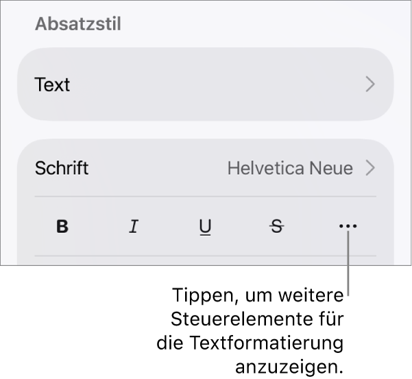 Der Tab „Text“ der Formatsteuerungen mit einer Beschreibung für die Taste „Weitere Textoptionen“.