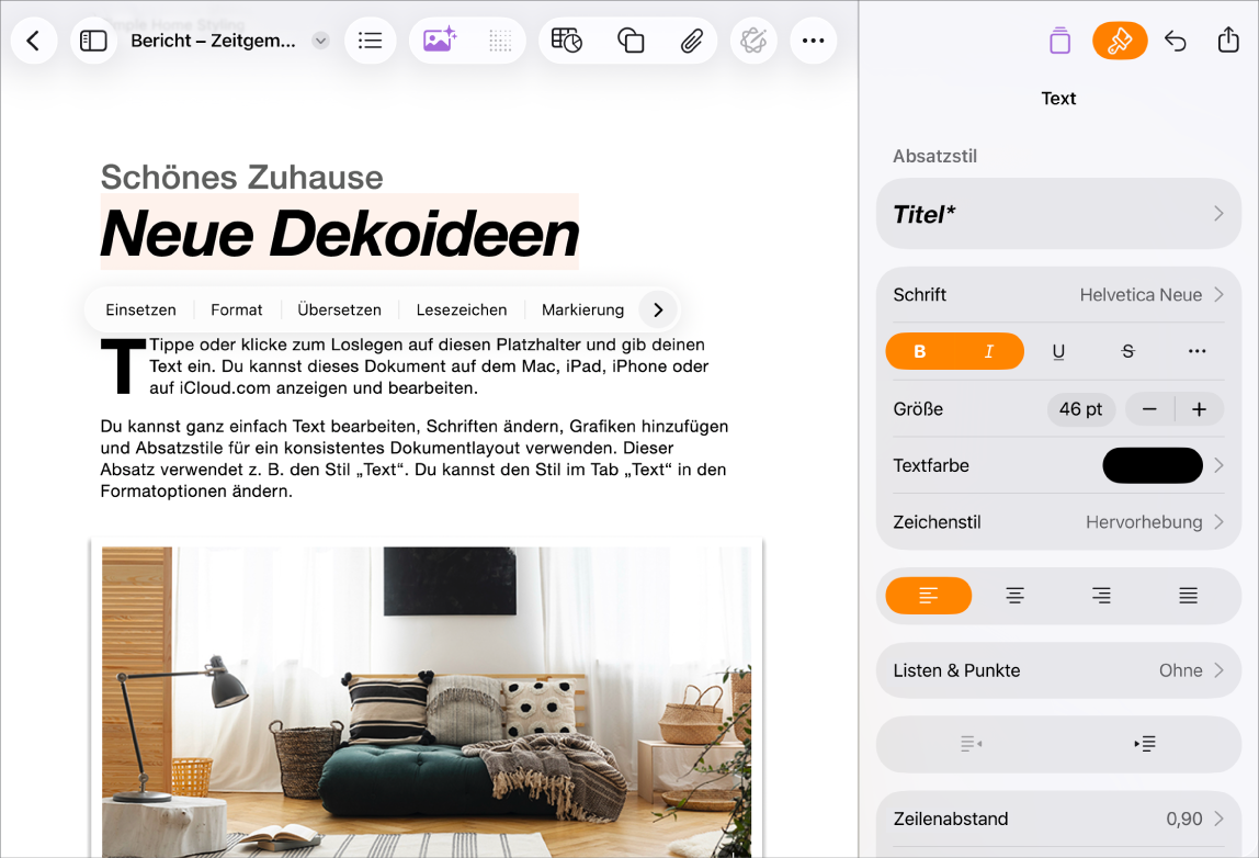 In einem geöffneten Pages-Dokument ist Text ausgewählt und Formatierungsoptionen für den Text werden angezeigt.