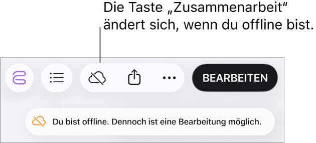 Ein Hinweis auf dem Bildschirm besagt, dass du offline bist, aber weiterhin arbeiten kannst.