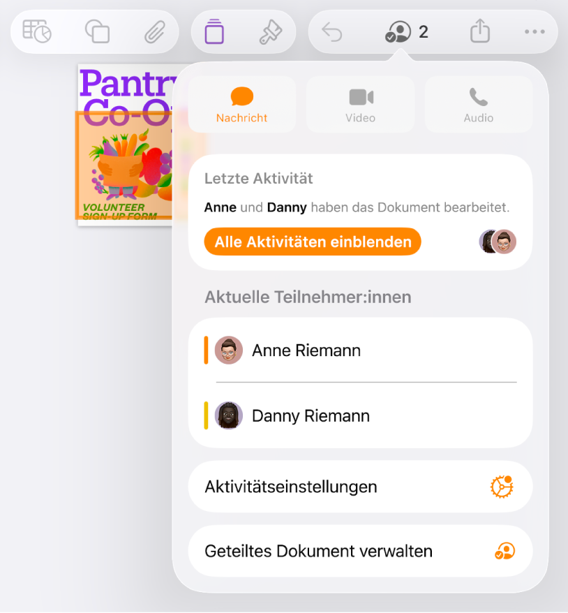 Das Menü für die Zusammenarbeit mit den Namen von Personen, die gemeinsam ein Dokument bearbeiten.