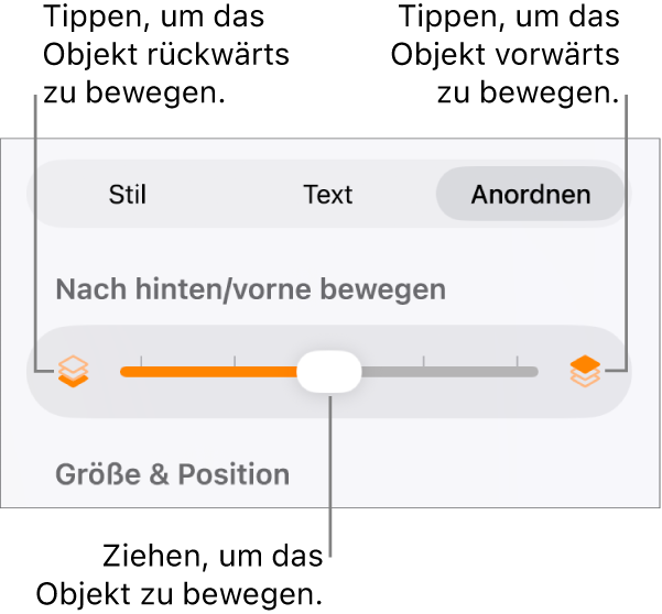 Die Taste für zurück, die Taste für vorwärts und Regler für Ebenen