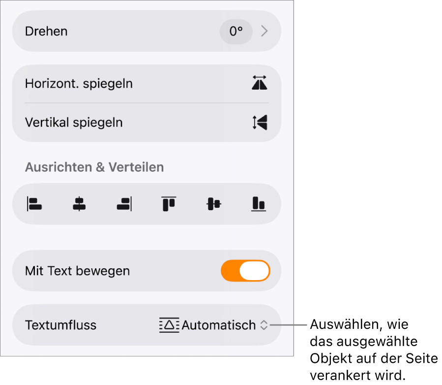 In den Formatsteuerungen ist der Tab „Anordnen“ ausgewählt und die Steuerelemente für „Nach hinten/vorn bewegen'“, „Mit Text bewegen“ und „Textumbruch“ sind zu sehen.