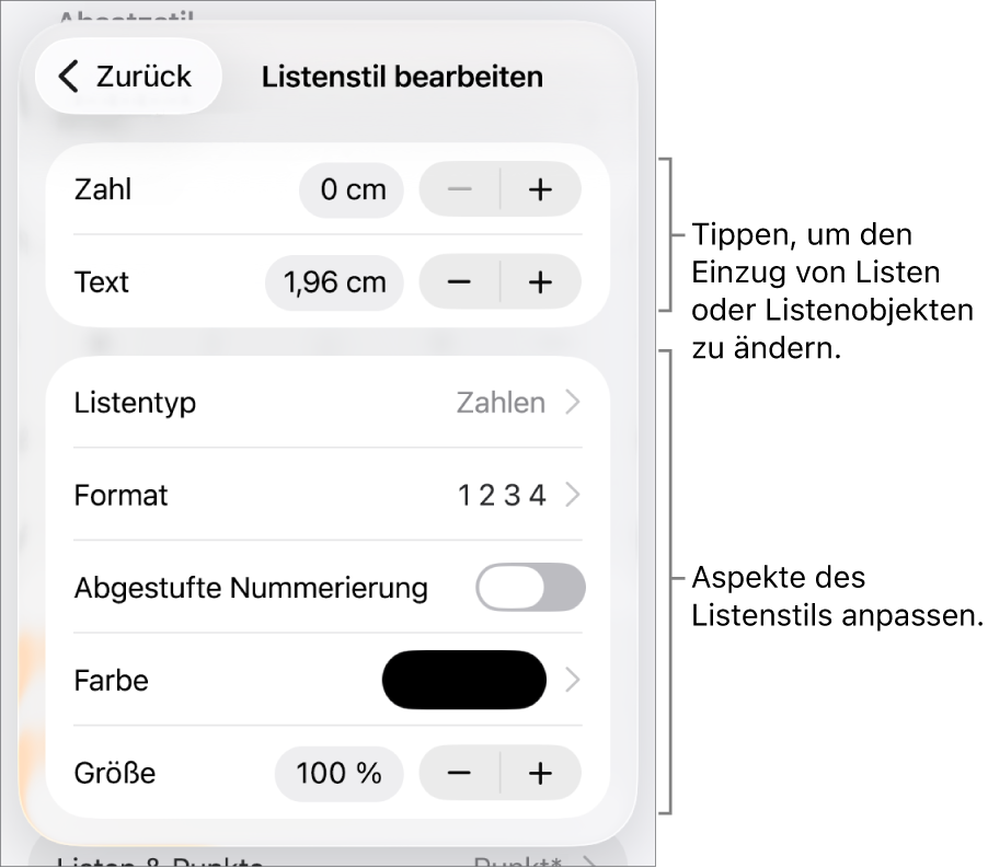 Das Menü „Listenstil bearbeiten“ mit Steuerelementen für Einzug, Listenart und -format, abgestufte Nummerierung, Listenfarbe und -größe sowie kontinuierliche Nummerierung.