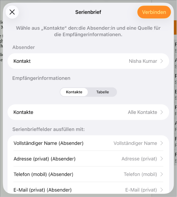 Der geöffnete Bereich „Serienbrief“ mit Optionen zum Auswählen von Absenderinformationen, Ändern der Quelldatei oder -tabelle, Anzeigen einer Vorschau der Serienbrieffeld-Namen oder Erstellen des Serienbrief-Dokuments.