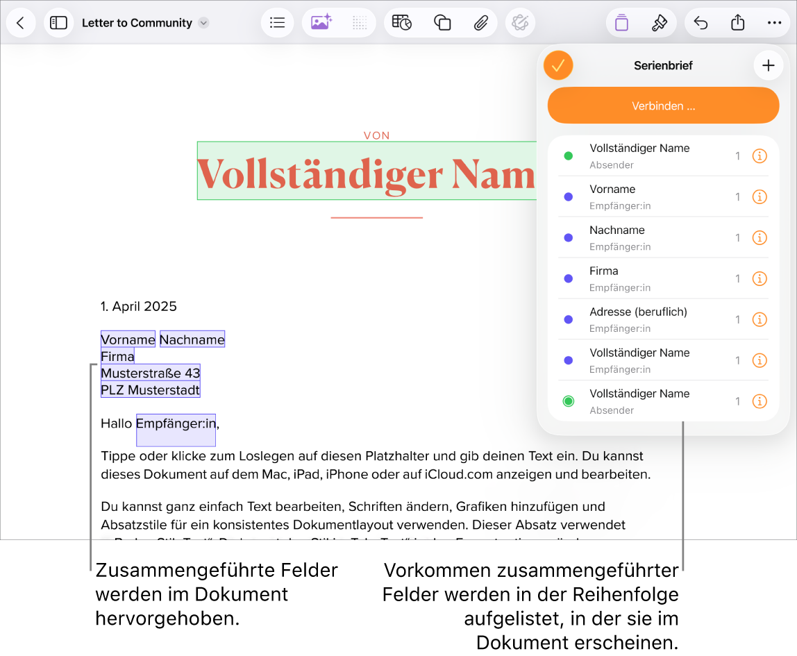 Ein Pages-Dokument mit Serienbrieffeldern für die Empfängeradresse, die den Platzhaltertext hervorheben, der ersetzt wird, sowie Liste der Serienbrieffeld-Instanzen im Menü „Serienbrief“.