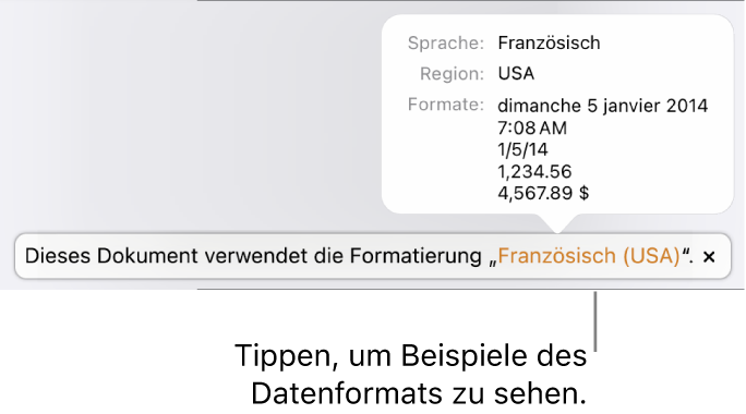 Die Mitteilung zur anderen Sprache und Region mit Beispielen der Formatierung in dieser Sprache und Region.