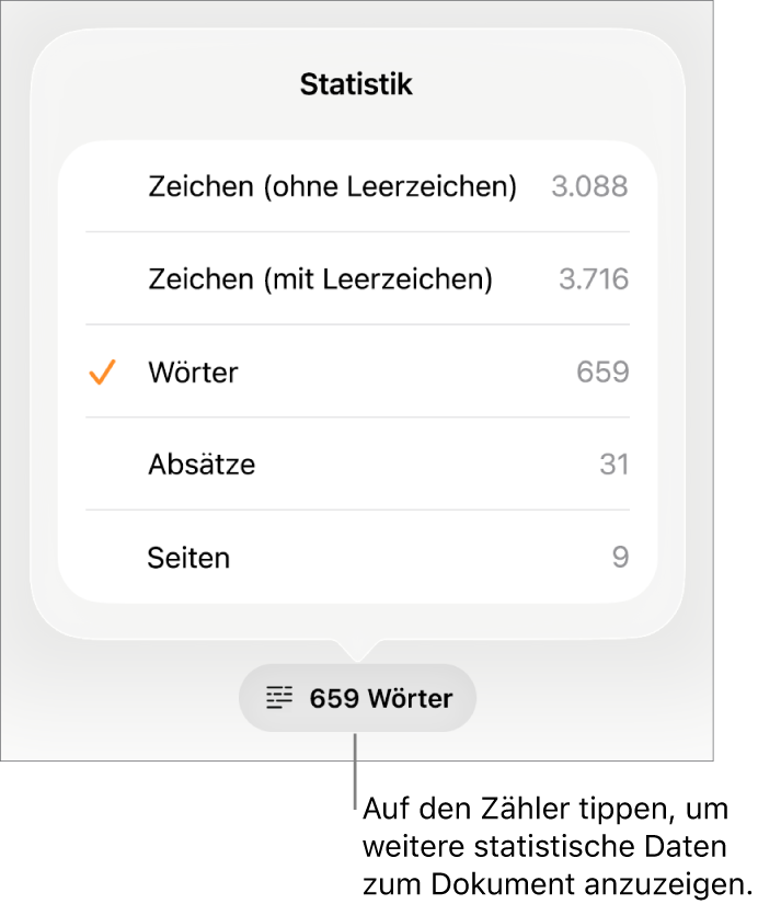 Der Wortzähler mit einem Menü, das Optionen zum Anzeigen der Zahl der Zeichen ohne und mit Leerzeichen, die Wortanzahl, die Zahl der Absätze und die Zahl der Seiten anzeigt
