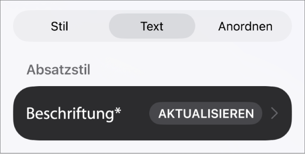 Der Absatzstil „Text“, neben dem sich rechts ein Stern und eine Taste „Aktualisieren“ befindet.