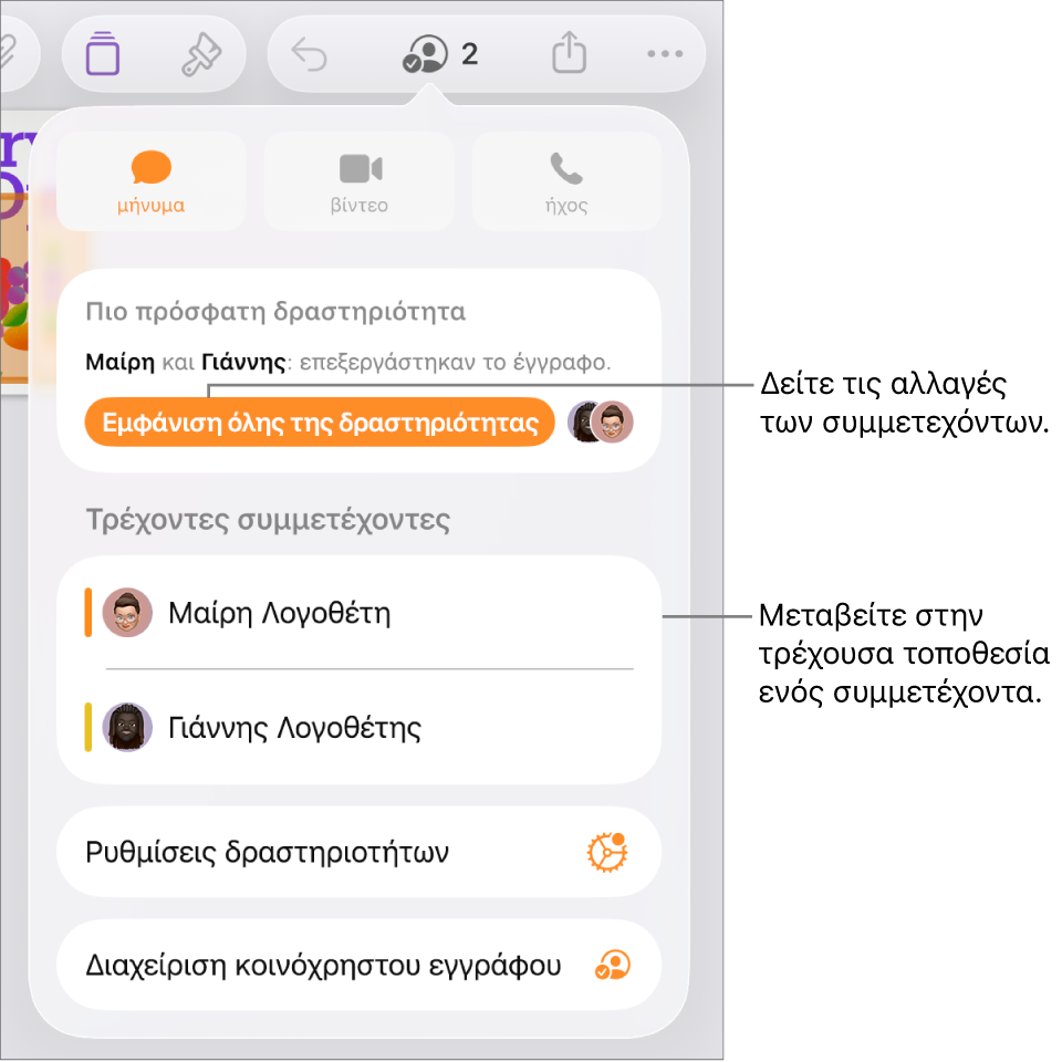Το μενού συνεργασίας με τους τρέχοντες συμμετέχοντες.