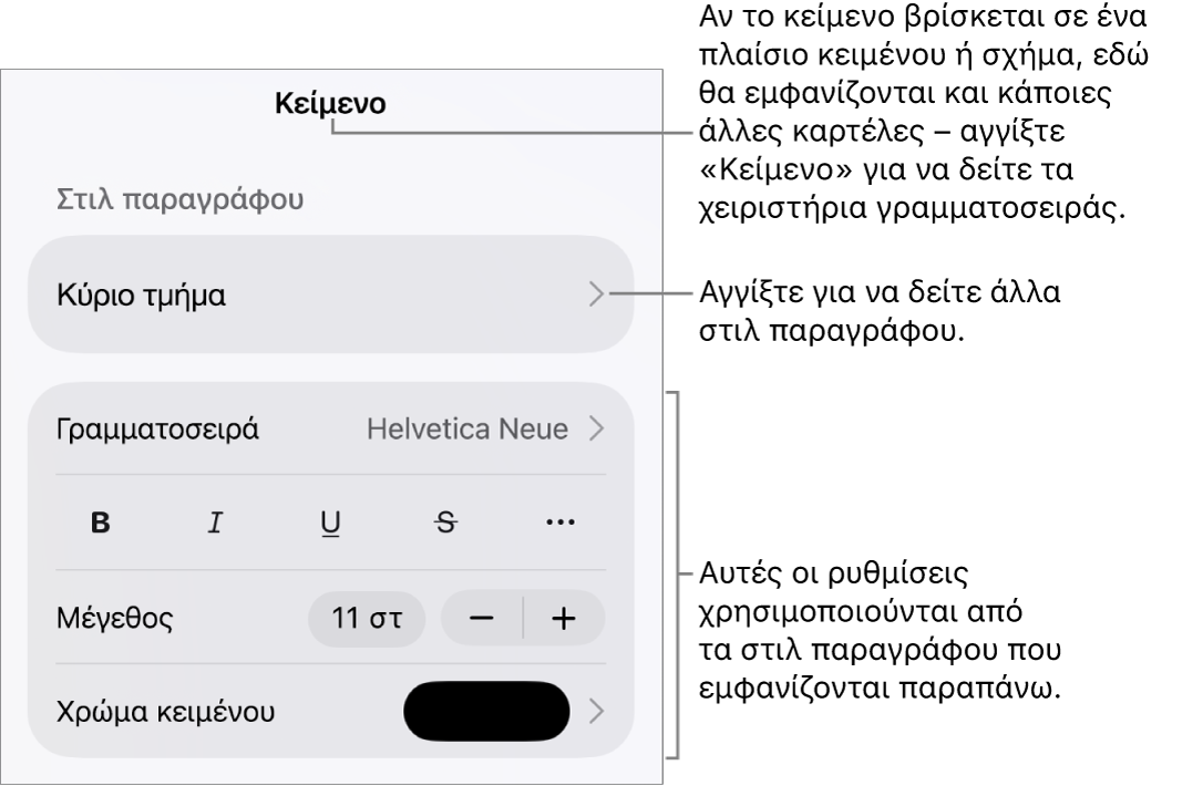 Το μενού «Μορφή», στο οποίο εμφανίζονται στοιχεία ελέγχου κειμένου για τον καθορισμό στιλ παραγράφων και χαρακτήρων, γραμματοσειράς, μεγέθους και χρώματος.