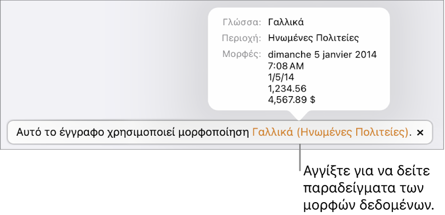 Η γνωστοποίηση διαφορετικής ρύθμισης γλώσσας και περιοχής, δείχνοντας παραδείγματα της μορφοποίησης στη συγκεκριμένη γλώσσα και περιοχή.