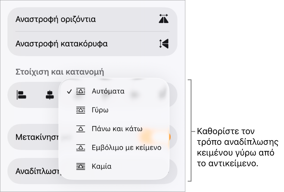 Τα στοιχεία ελέγχου «Μορφή» με επιλεγμένη την καρτέλα «Διευθέτηση». Από κάτω εμφανίζονται τα στοιχεία ελέγχου αναδίπλωσης κειμένου, μεταξύ των οποίων τα «Μετακίνηση στο πίσω μέρος/σε πρώτο πλάνο», «Μετακίνηση με κείμενο» και «Αναδίπλωση κειμένου».