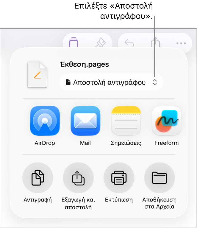 Το μενού «Κοινή χρήση» με επιλεγμένη την «Αποστολή αντιγράφου» στο πάνω μέρος.