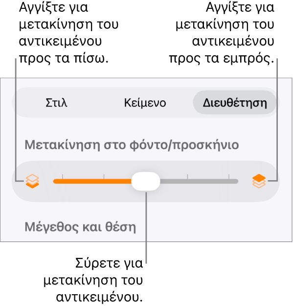 Το κουμπί Μετακίνησης προς τα πίσω, το κουμπί Μετακίνησης προς τα εμπρός, και το ρυθμιστικό διαστρωμάτωσης.