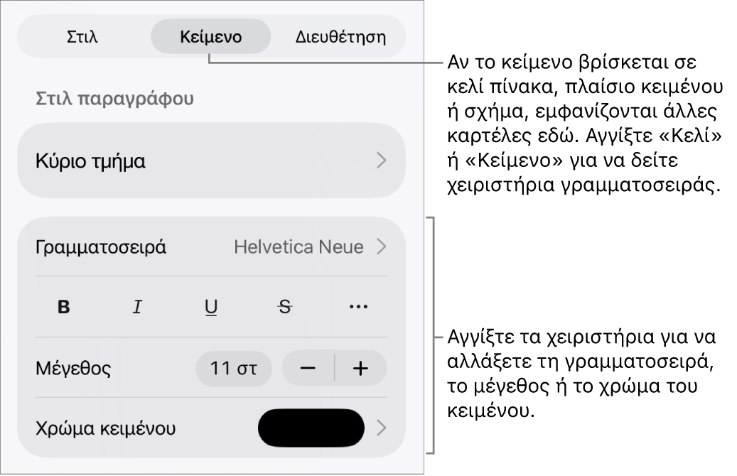 Στοιχεία ελέγχου κειμένου στο μενού «Μορφή» για τον καθορισμό στιλ παραγράφων και χαρακτήρων, γραμματοσειράς, μεγέθους και κειμένου.