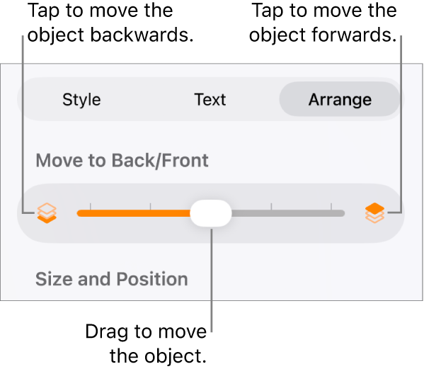 The Move Backward button, the Move Forward button and the layering slider.