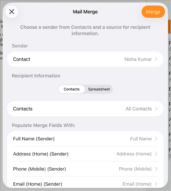 Mail Merge pane open, with options to choose sender information, change the source file or table, preview the merge field names or merge the document.