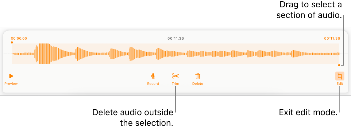 Controls for editing recorded audio. Handles indicate the selected section of the recording, and Preview, Record, Trim, Delete and Edit Mode buttons are below.