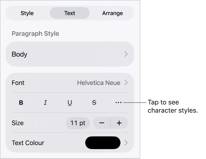 The Format controls with paragraph styles at the top, then Font controls. Below Font are the Bold, Italic, Underline, Strikethrough and More Text Options buttons.