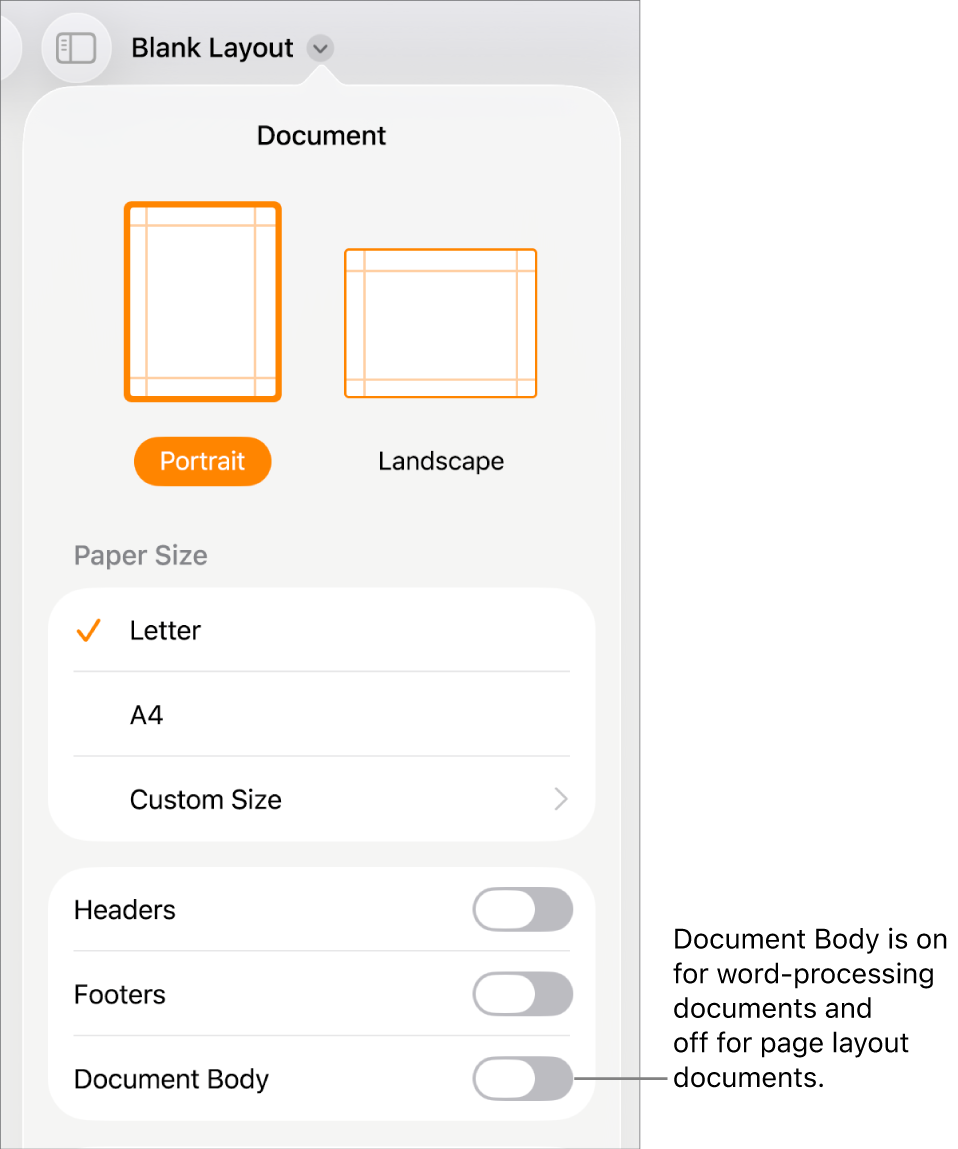 The Document format controls with Document Body turned on near the bottom of the screen.