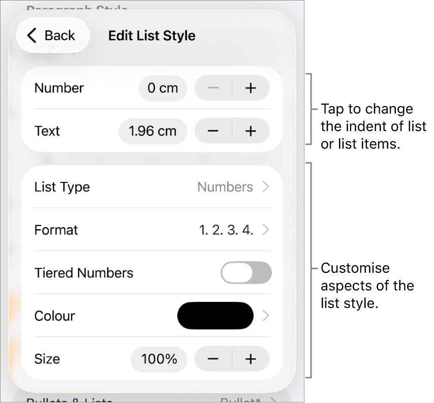 Edit List Style menu with controls for indent spacing, list type and format, tiered numbers, list colour and size, and continued numbering.