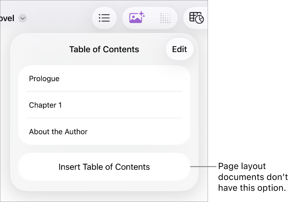 The table of contents view with Edit in the top-right corner, TOC entries and the Insert Table of Contents button at the bottom.