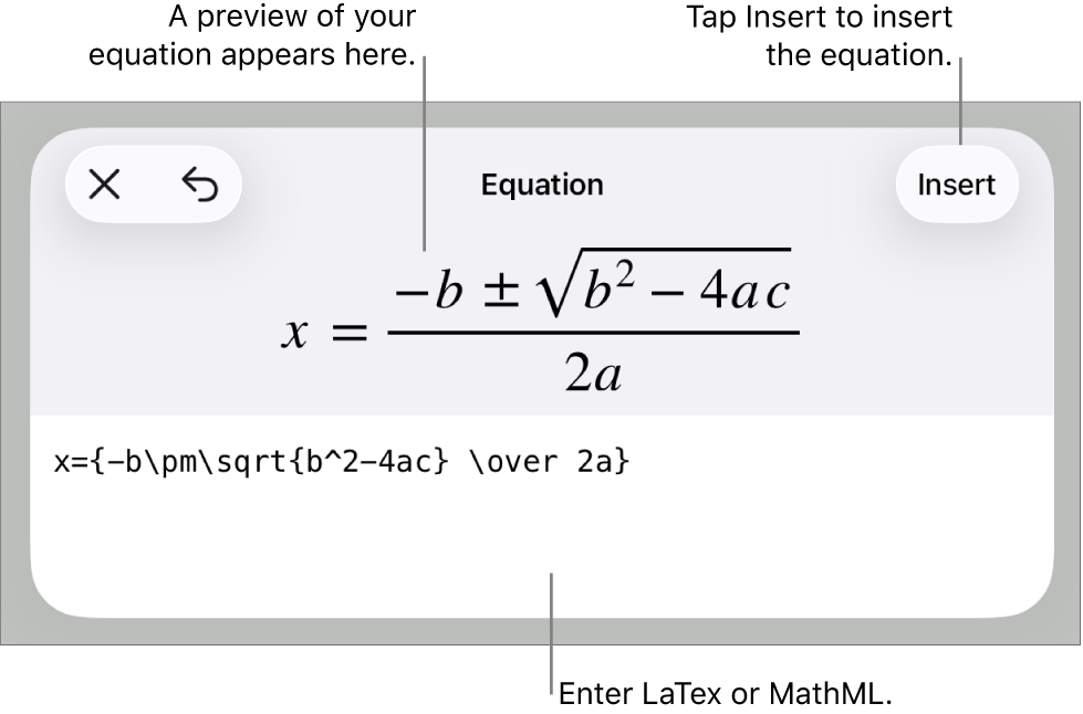 The Equation dialogue, showing an equation written using MathML commands, and a preview of the formula above.