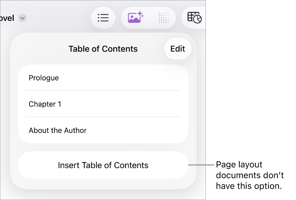 The table of contents view with Edit in the top-right corner, TOC entries, and the Insert Table of Contents button at the bottom.