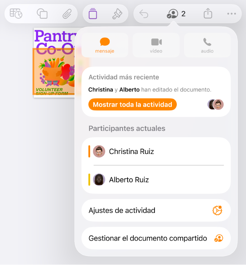 El menú de colaboración con los nombres de las personas que colaboran en el documento.